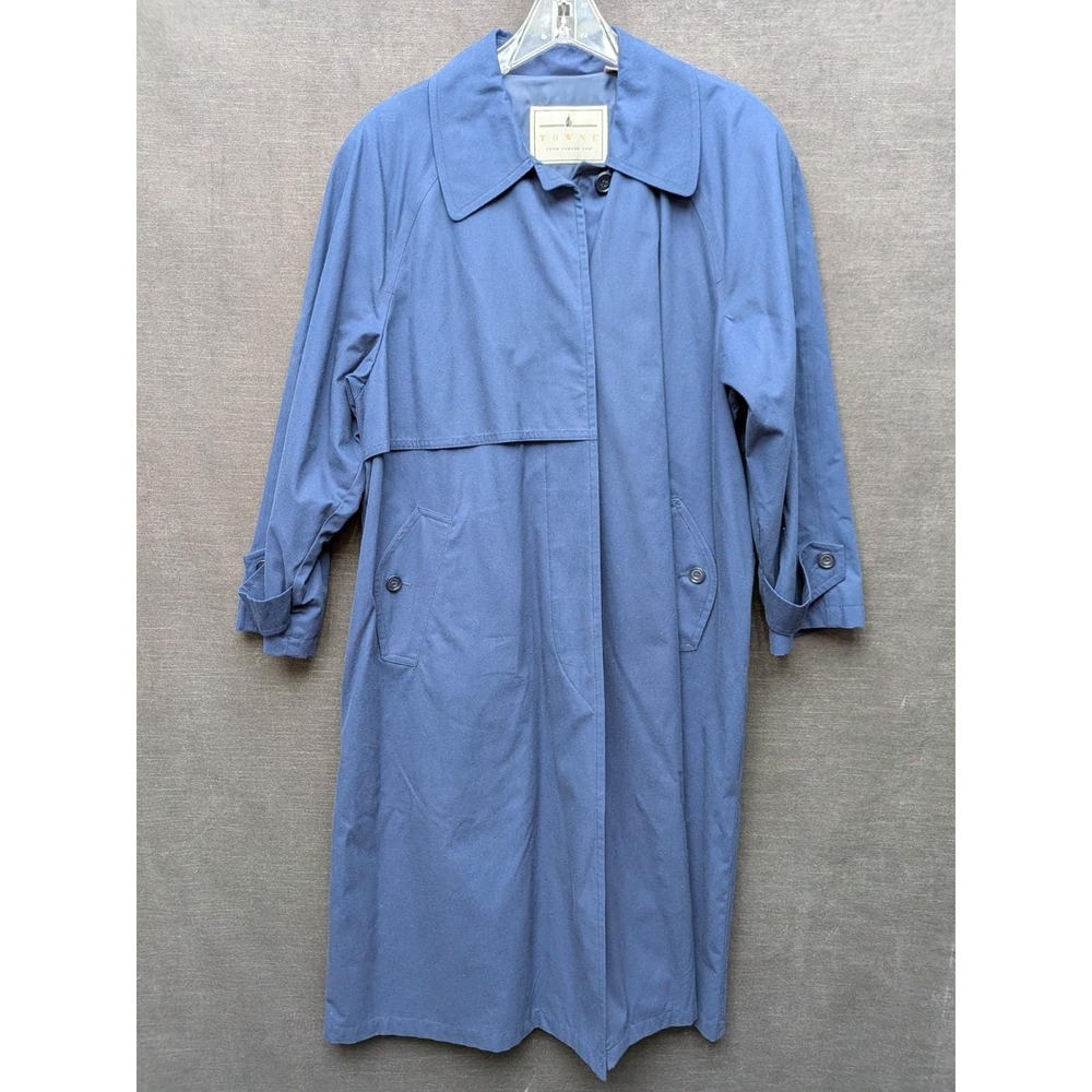 Towne form London Fog Blue Long Trench Coat City Chic Quiet Luxury Size 12P